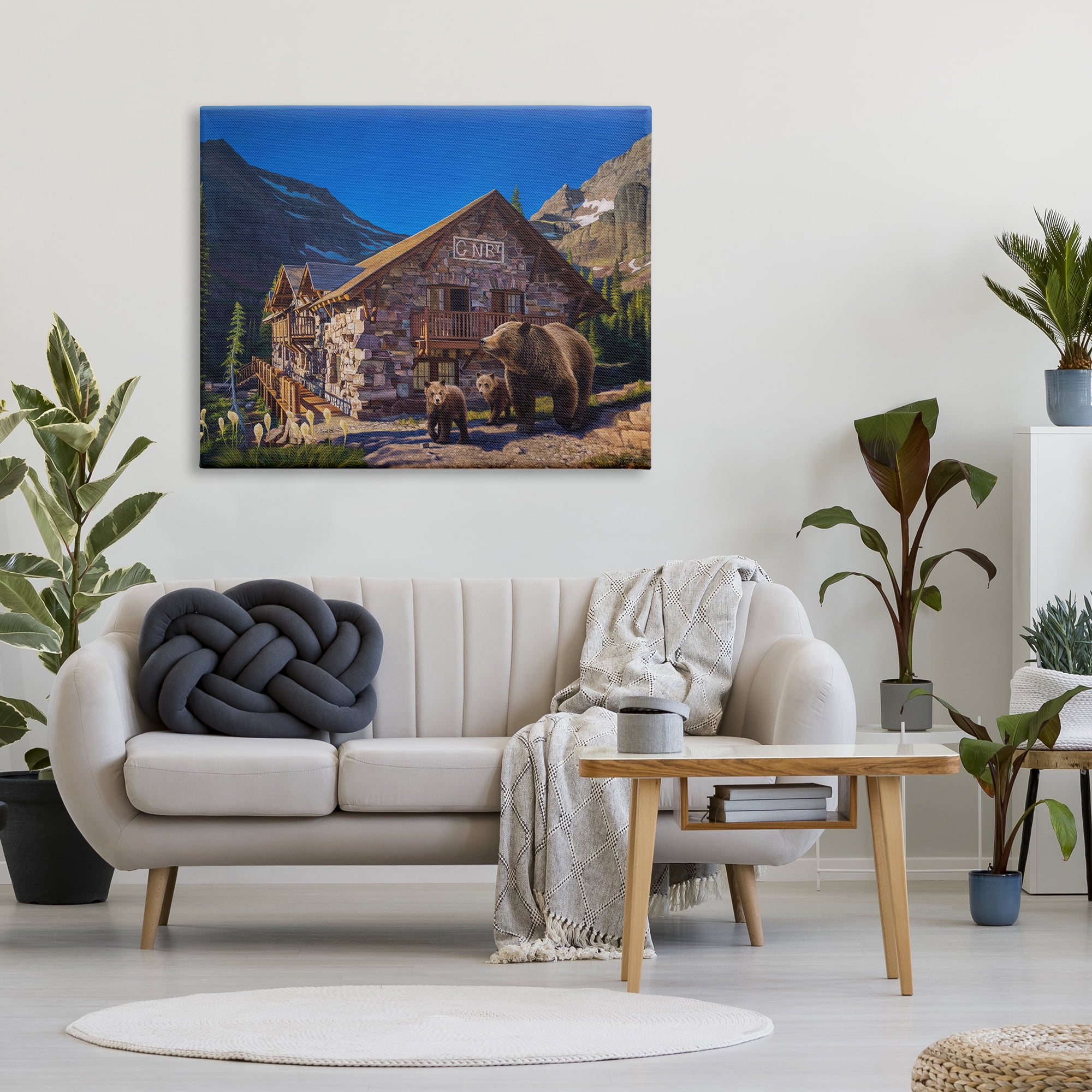 Stupell Industries Bears & Lodge Scenery Landscape Painting Gallery Wrapped Canvas Art Print Wall Art, 48 x 36