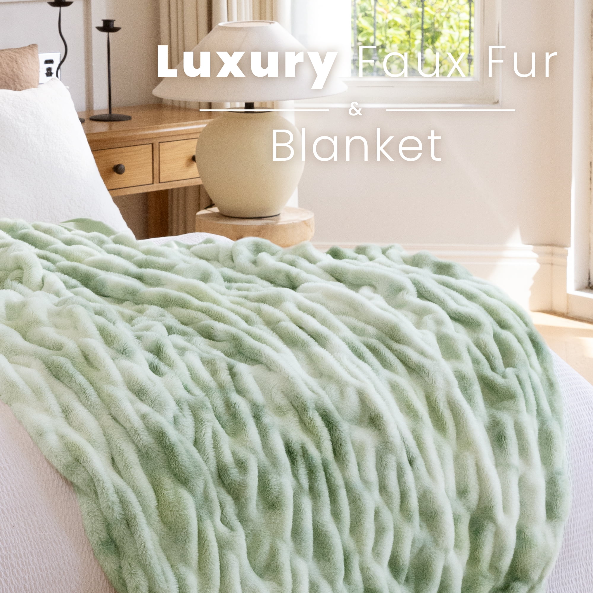 Blunique Faux Rabbit Fur Blankets and Throws Soft Cozy Throw Blanket Home Decor for Couch, Bed, Travel, 50x60 in, Sage Green