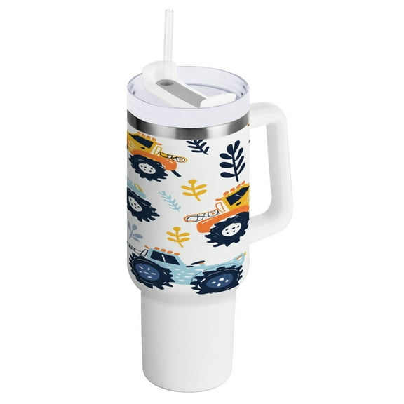 40 oz Tumbler with Handle and Straw Lid Cartoon Monster Truck Insulated Vacuum Water Bottle Stainless Steel Travel Cup