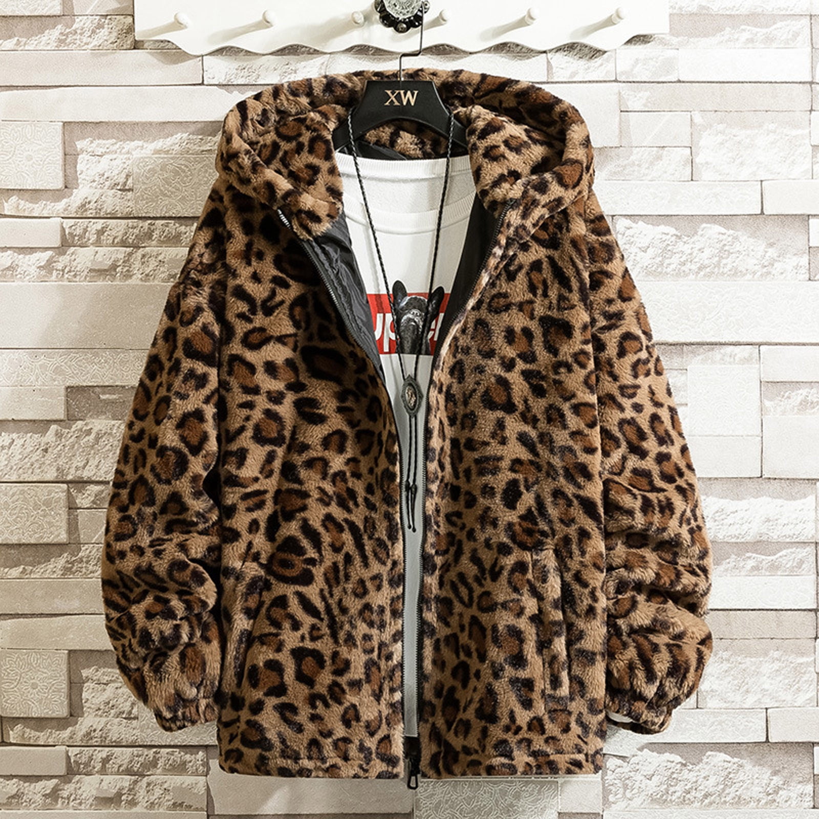 Mens Fluffy Jacket Leopard Print Plush Fleece Casual Winter Stand Collar Zip up Sherpa Cardigan - Walmart.com