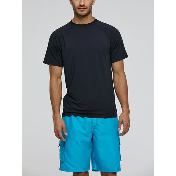 Niuer Mens Swim Tops Crew Neck Swimwear Sun Protection Quick Dry Beach Shirt UPF50+ Men Loose Short Sleeve Casual Color Block Black S