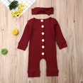 thumbnail image 2 of Baby Solid Romper Knitted Rib Long Sleeve Trousers Button Jumpsuit Headband, 2 of 7
