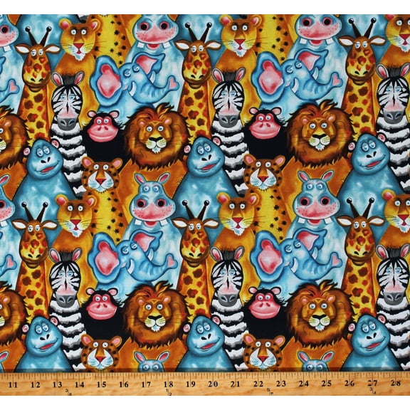 Cotton Jungle Buddies Safari Animals Giraffes Zebras Lions Monkeys Hippos Gorillas Kids Funny Cotton Fabric Print by the Yard (2524-35)