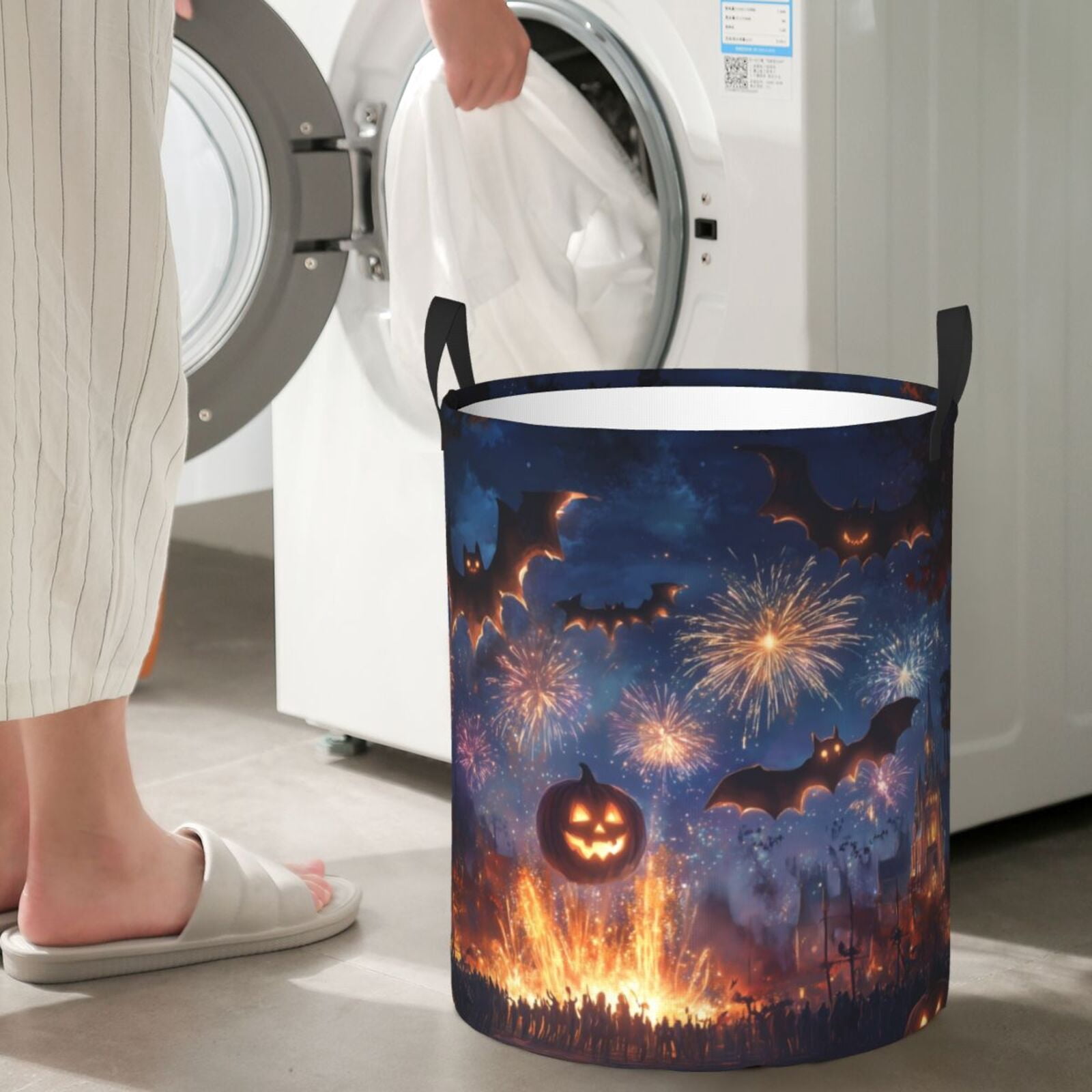 Large Laundry Basket with Handles - Halloween Pumpkin Bat Glow k Kids Baby Dirty Clothes Laundry Hamper for Bedroom Aesthetic