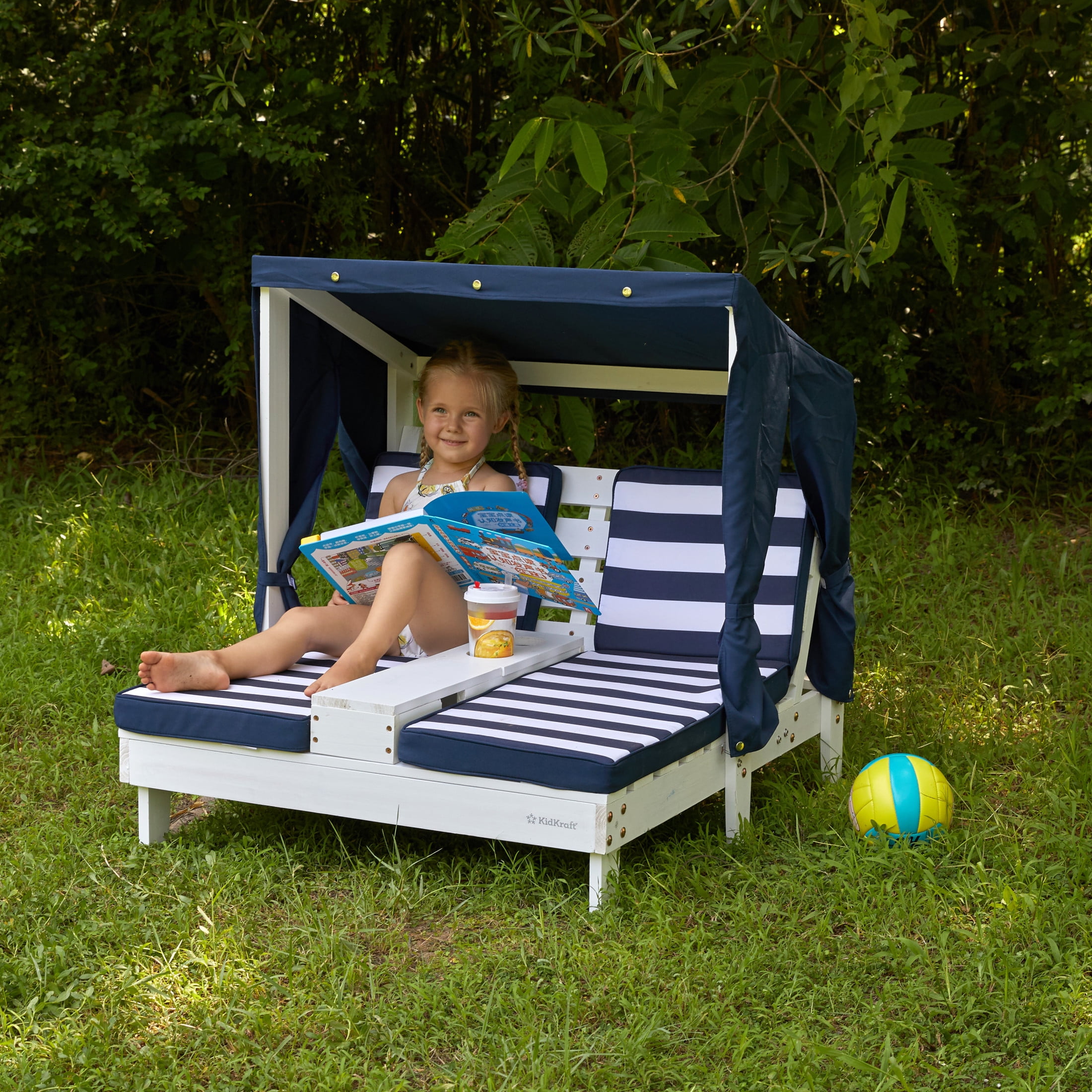 KidKraft Kids Patio Double Chaise Lounger with Cup Holders White Navy Stripes Walmart