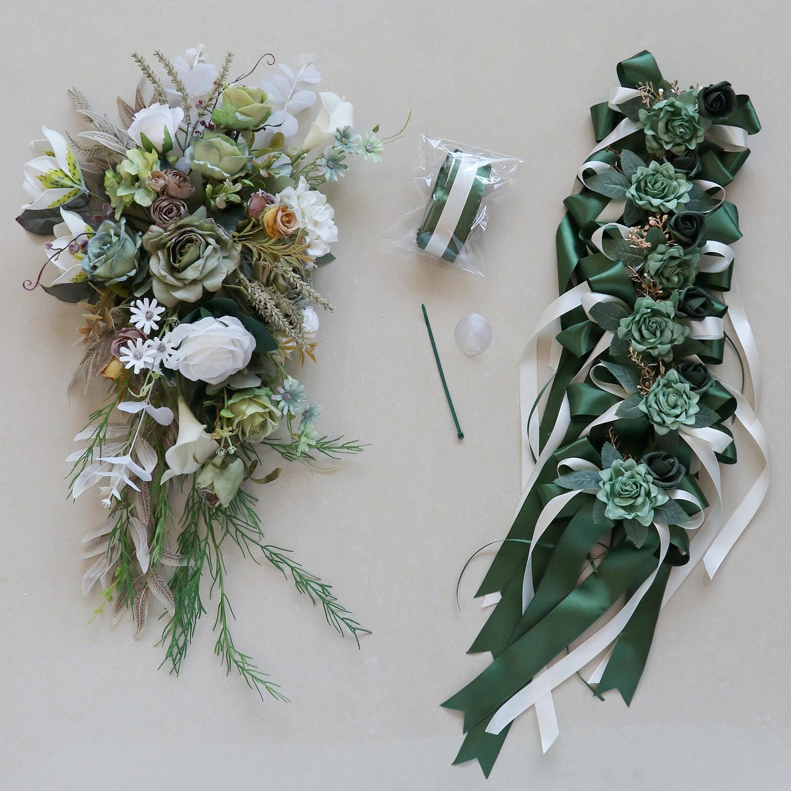 Tachiuwa Wedding Car Decoration Set Artificial Flowers Easy Installation Elegant Wedding Car Ribbons and Bows for Ceremony Accessories Green