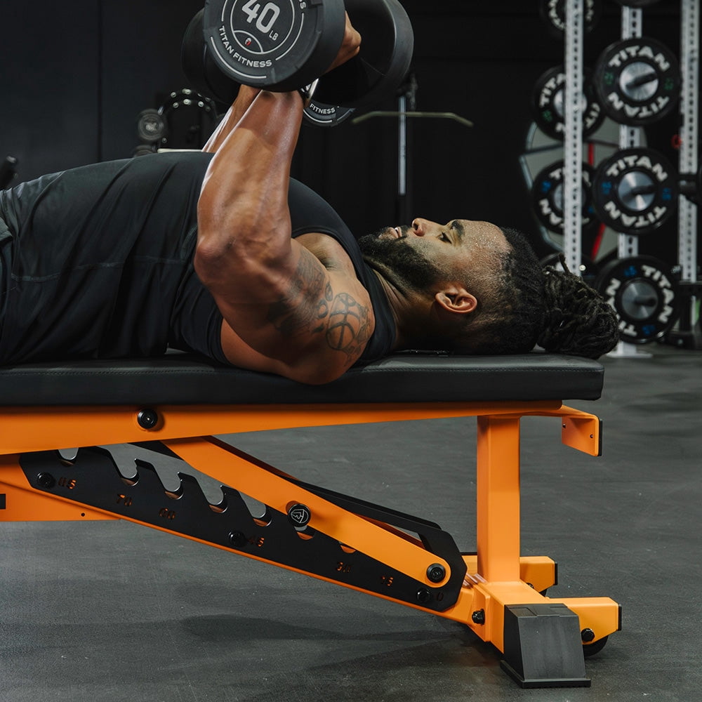 Titan Fitness TITAN Series Orange Adjustable Bench, Supports 600 LB Incline, 1,000 LB Flat