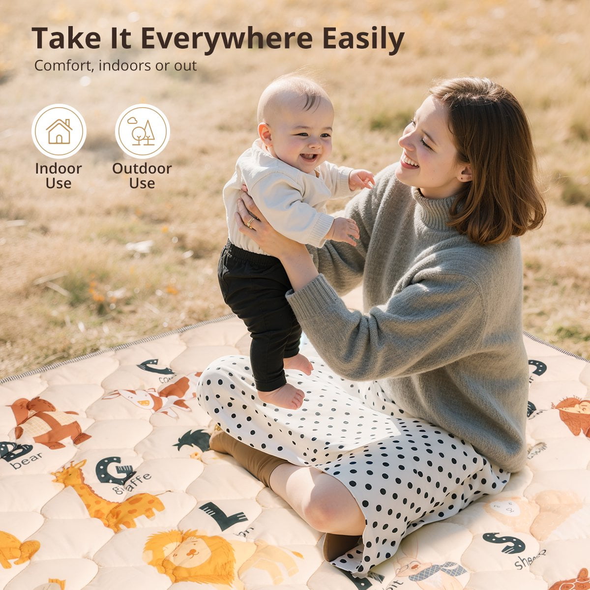 Baby Play Mat, Caveen Thicken Soft Cotton Baby Playmats, Foldable Anti-Slip Floor Crawling Playmat Playpen Mat for Infants and Toddlers, 50"x50", Beige