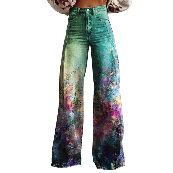 Minjewel Wide Leg Pants for Women Vintage Floral High - Waisted Baggy Pants Loose with Pockets, Palazzo Pants for Women Retro Boho Summer Style, Pants for Women for Vacation,Green L