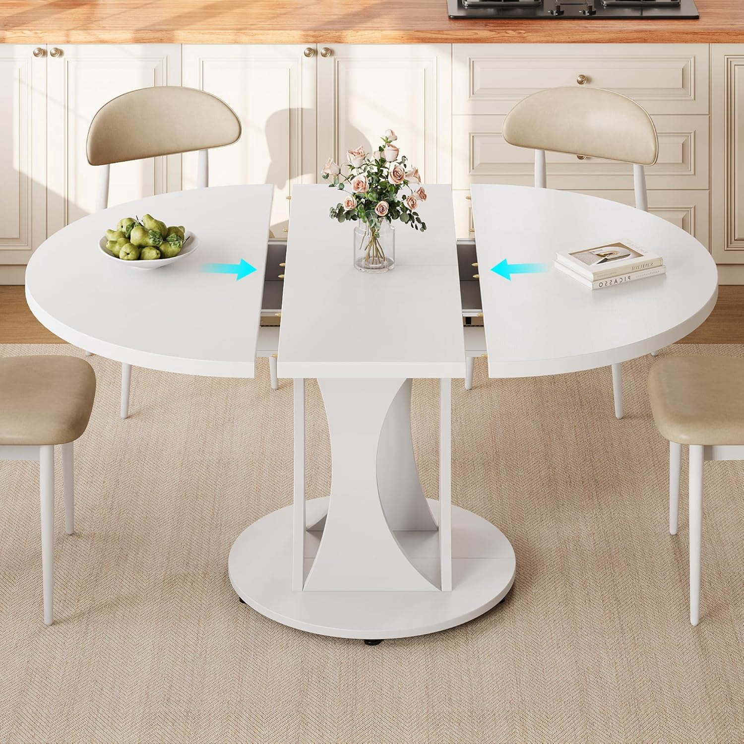 Virans 43.3"-59" Extendable Round Dining Table for 6-8,Kitchen Table with MDF,Modern Dinner Table for Dining Rooms,Living Rooms,White