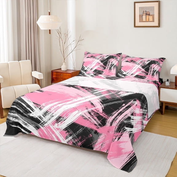 Erosebridal Pink Black Graffiti Bed Sheets Twin,Geometric Lines Bedding Sets Twin Size,Modern Aesthetic Art Sheet Set Twin,Ultra Soft Room Decorative,3 Pieces