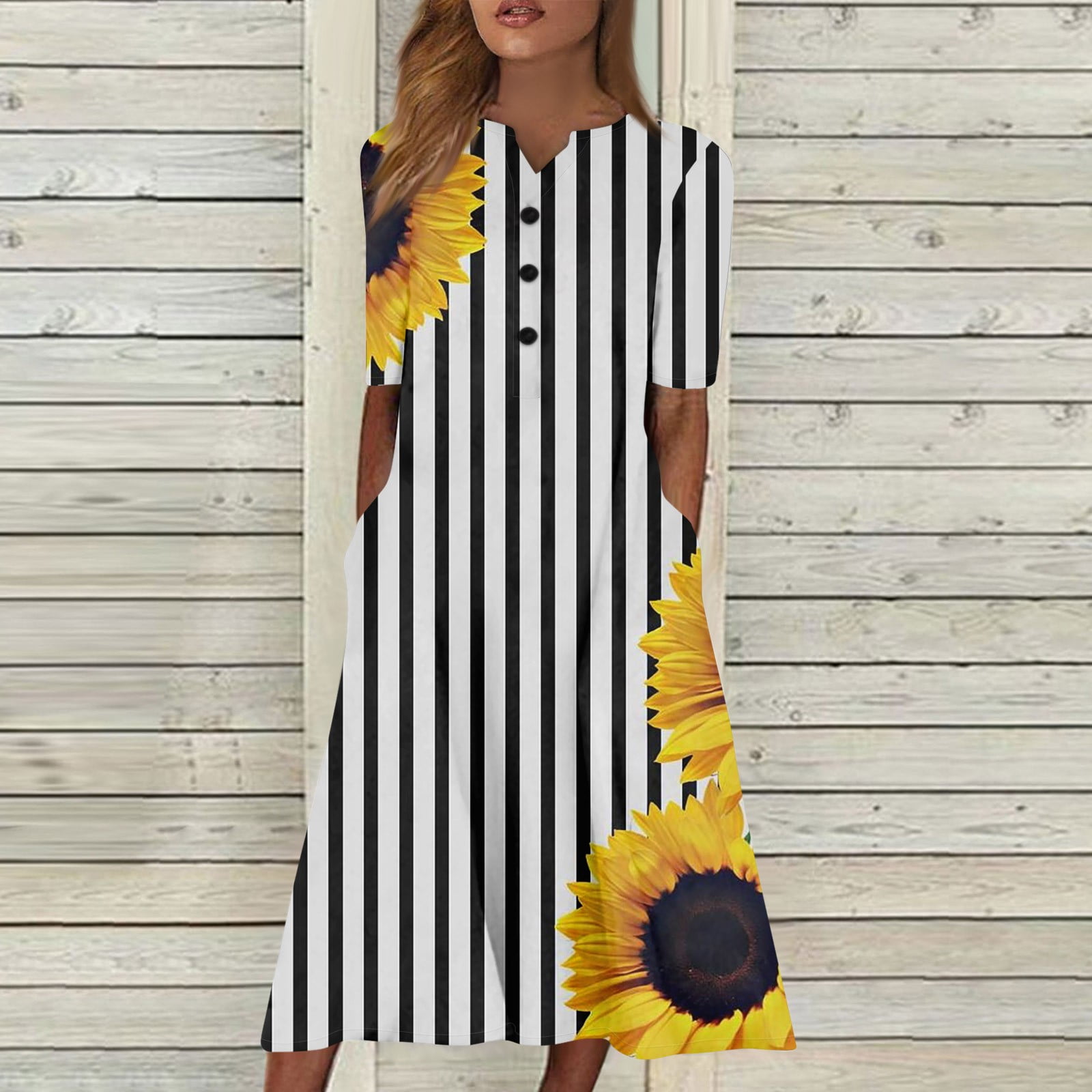 SXAURA Women's V-Neck Short Sleeve Sunflower Print Dress
