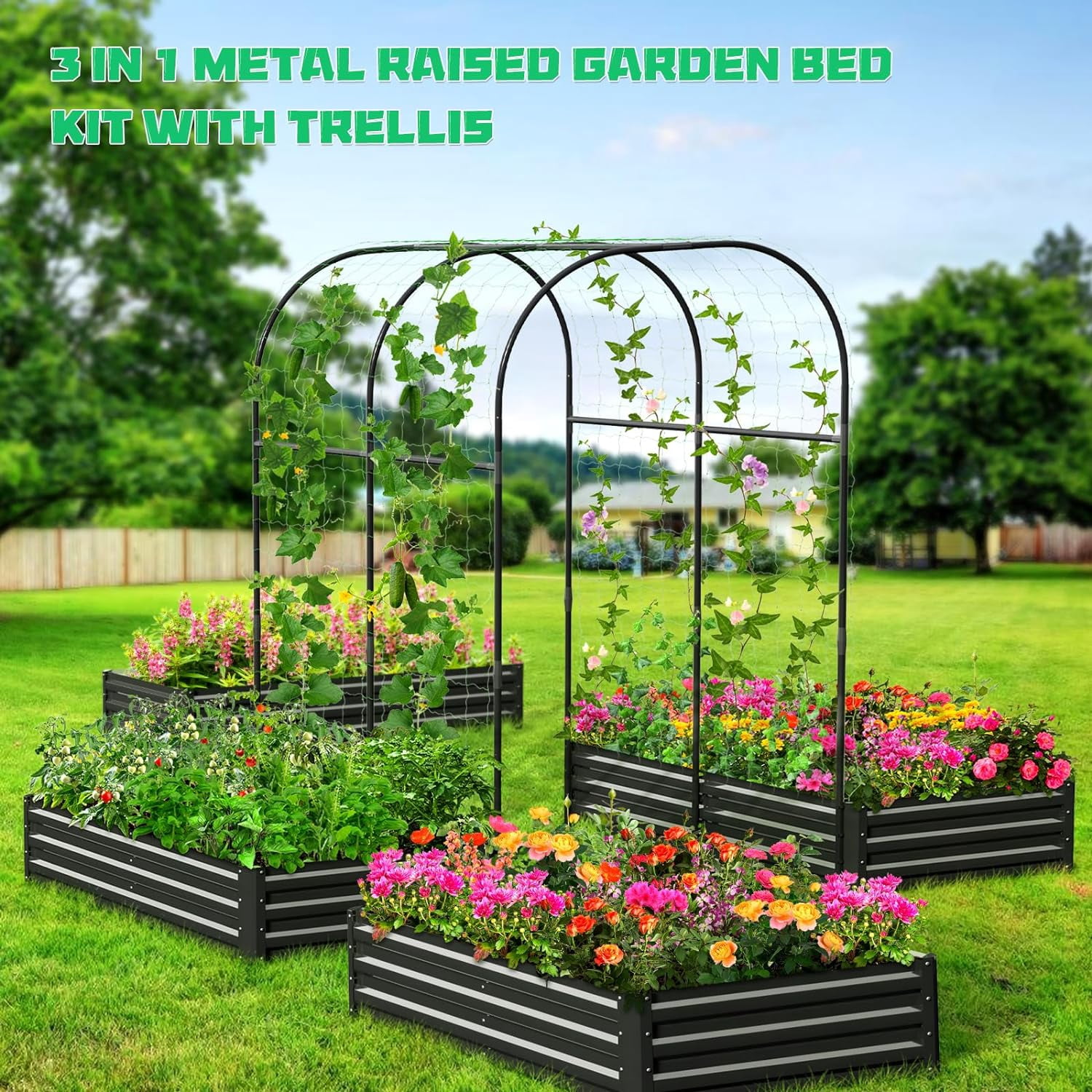 Slsy 3 in 1 Galvanized Raised Garden Bed with 87in Tall Arch Trellis for Climbing Plants, Galvanized Planter Garden Box Outdoor for Gardening,Black