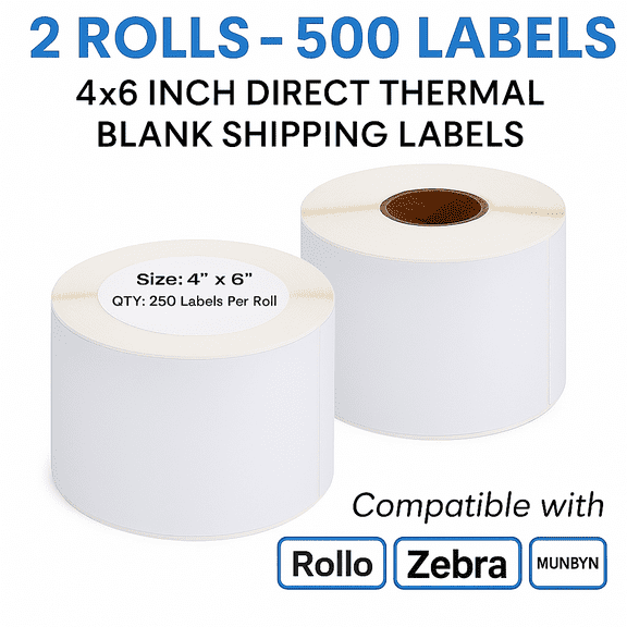 2 Rolls- 4" x 6" Direct Thermal Blank Shipping Labels ,250 Labels/Roll – Total 500 Labels