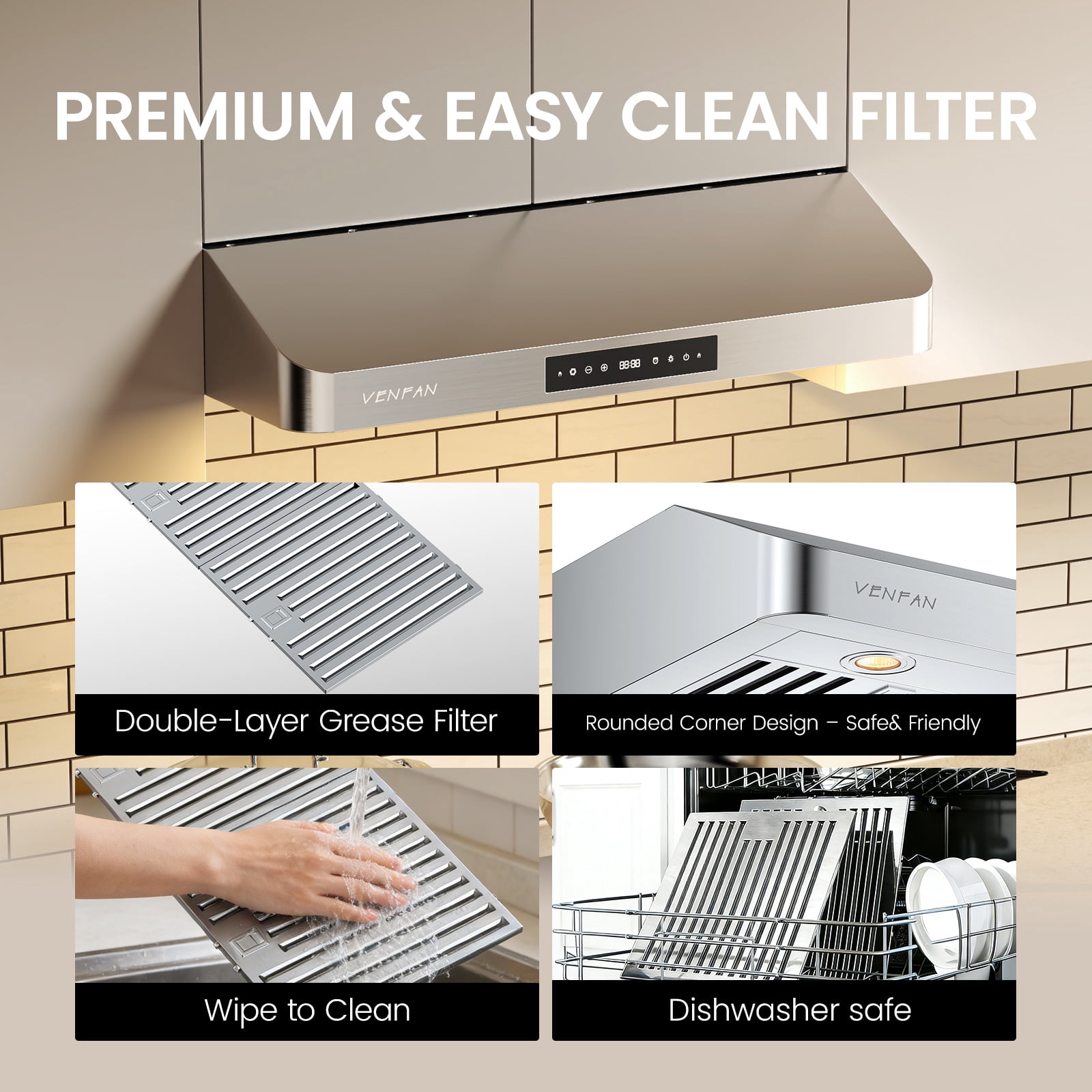 VENFAN 36 Inch Under Cabinet Range Hood, 1200 CFM Ultra Powerful Suction Kitchen Vent Hood with Gesture Sensing & 4-Speed Touch Control, Dishwasher Safe Filters, Auto Delay Off, Stainless Steel