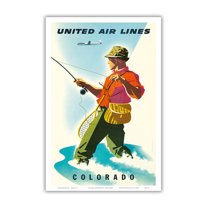 Colorado - United Air Lines - Fisherman Fly Fishing - Vintage Airline Travel Poster by Joseph Binder c.1950s - Master Art Print (Unframed) 12in x 18in