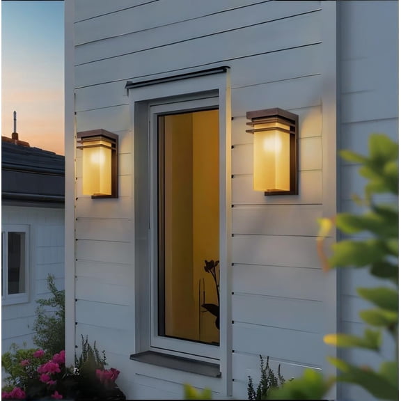 12 in. Bronze Modern Outdoor Wall Sconce Set of 2, with Antique Amber Glass