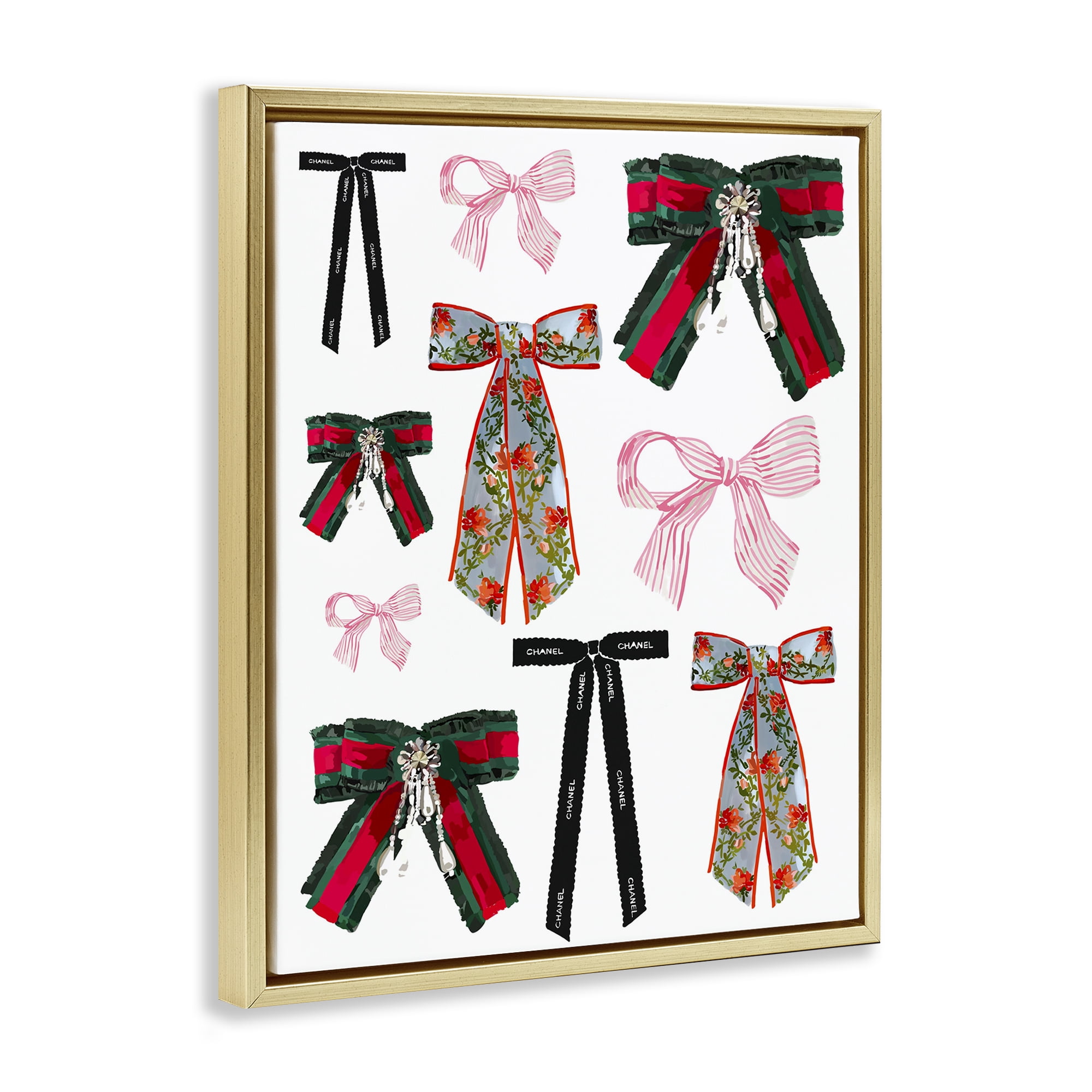 Stupell Industries Patterned Fashion Ribbons Beauty & Fashion Painting Gold Floater Framed Art Print Wall Art, 17 x 21