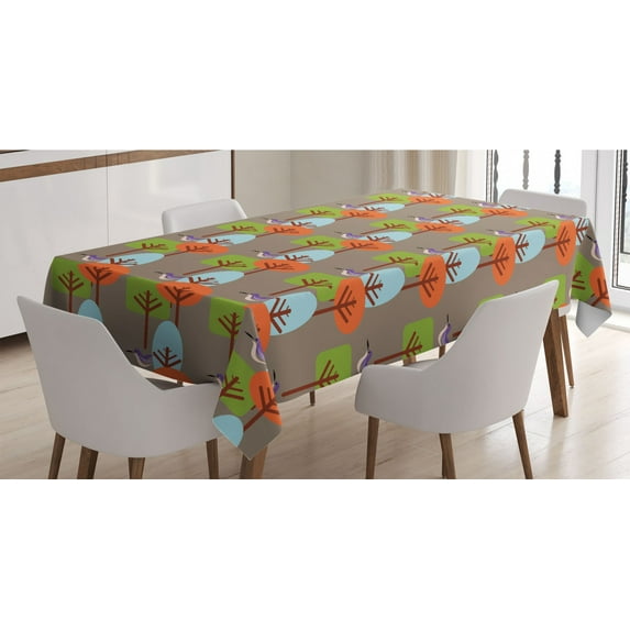 Mid Century Tablecloth, Flying Hummingbird and Colorful Trees Simple Nature Modernist Art Approach, Rectangle Satin Table Cover Accent for Dining Room and Kitchen, 52" X 70", Multicolor, by Ambesonne