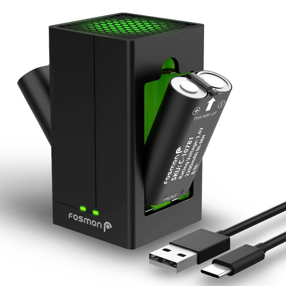 Fosmon 5280mWh Xbox Rechargeable Battery Pack with Charging Station, 2-Pack 2200mAh Batteries & Dual-Slot Rapid Charger Station for Xbox Series X/S, Xbox One/One X/One S Elite Controller - Black