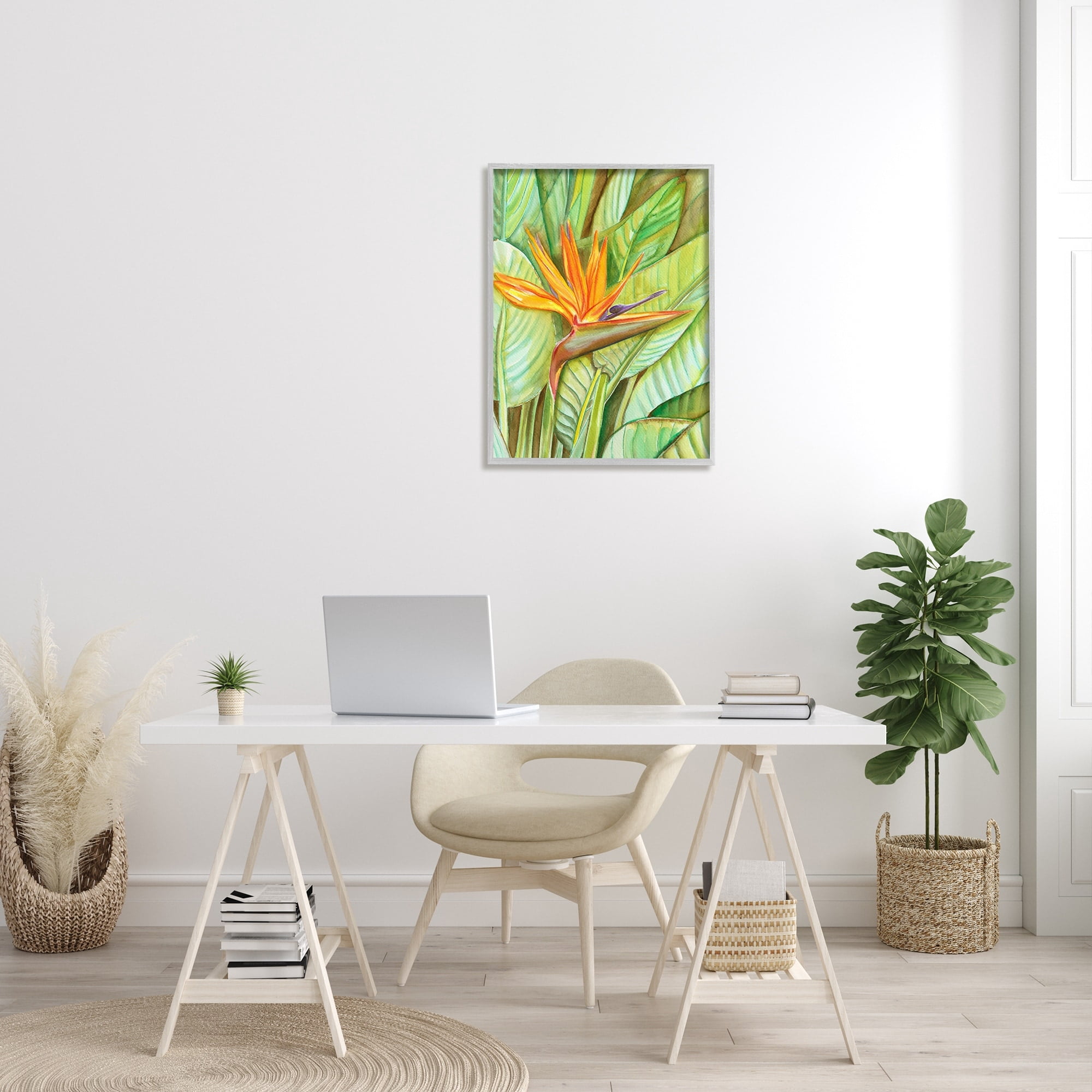 Stupell Industries Bird of Paradise Flower Leaf Petals Blooming Painting Gray Framed Art Print Wall Art, Design by Elvira Errico