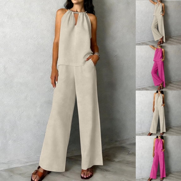 Fewfanhot Womens Sets 2 Piece Outfits Cotton Linen Halter Top & Wide Leg Pants Set, Casual Summer Two-Piece Outfit, Soft & Comfortable Lounge Wear
