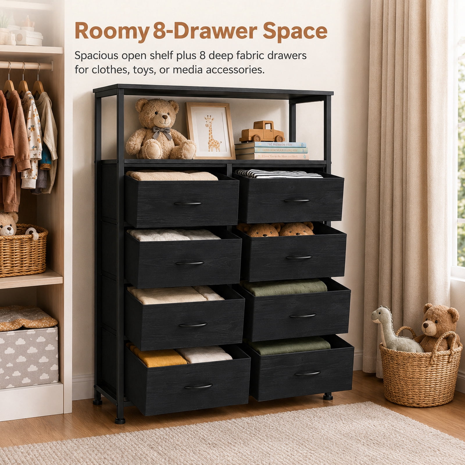Alvantor 8-Drawer Fabric Dresser with Open Shelf, Chest of Drawers, Steel, MDF, Storage Organizer Unit, Closet, Entryway