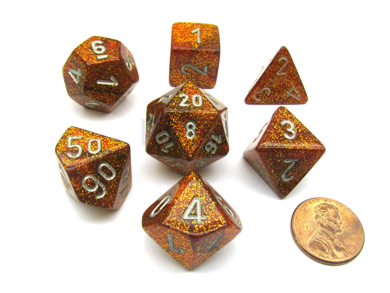 Set of 7-27493 Free Bag Lustrous Gold w/ Silver DnD Chessex Dice Poly 