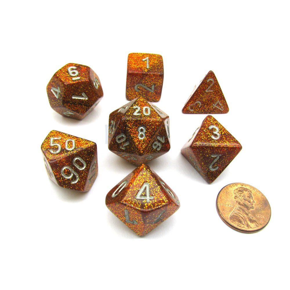 Chessex Polyhedral 7Die Glitter Dice Set Gold with Silver Numbers
