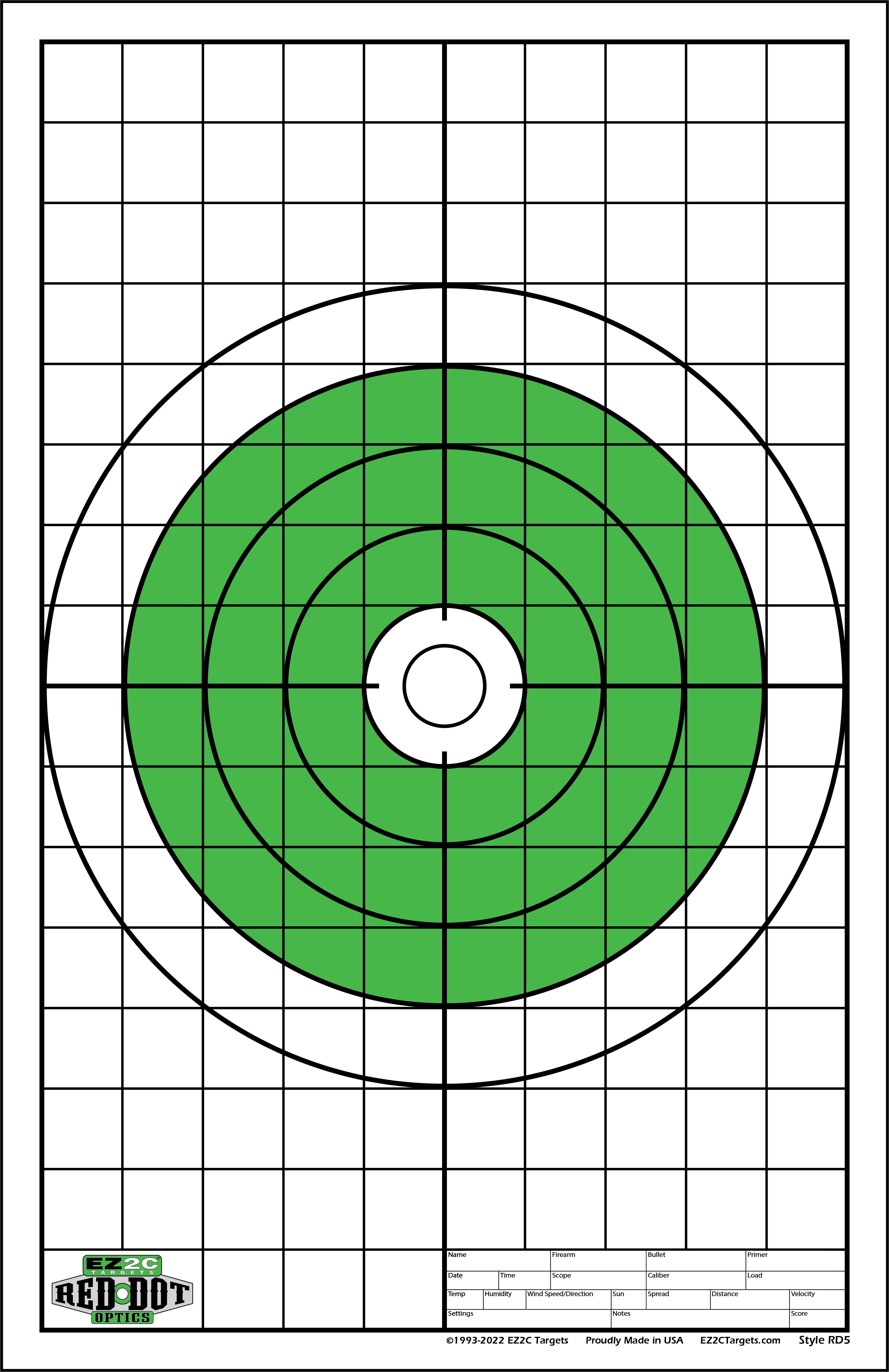 50 EZ2C Red Dot Optics Style 5:  10" Green Shooting Paper Targets 11"x17" (Pack of 50)