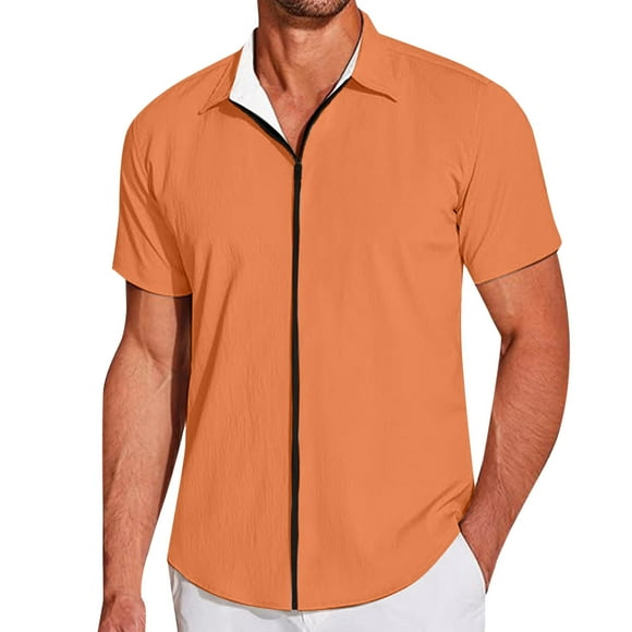 UANWENN Men's Casual Short Sleeve Zipper Summer Beach Shirt Light Texture Elastic Shirt Male Romper Shirts Men Casual Solid Dress Man Shirts Mens Slim Fit Dress Shirt Male Rompers Men Mens Stylish