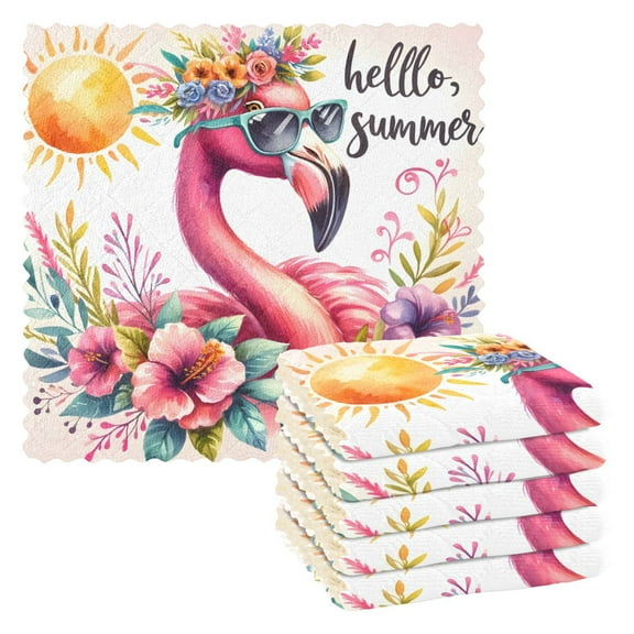 6 Packs Cool Flamingo Sunglasses Flowers Kitchen Dish Towels Soft Absorbent Dish Cloths 11"x11"