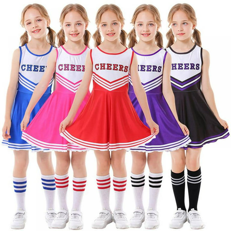 Kids Girls Cheerleading Costume Outfit One Piece School Cheerleader Uniform  Dress with Stockings 2 Pom Poms