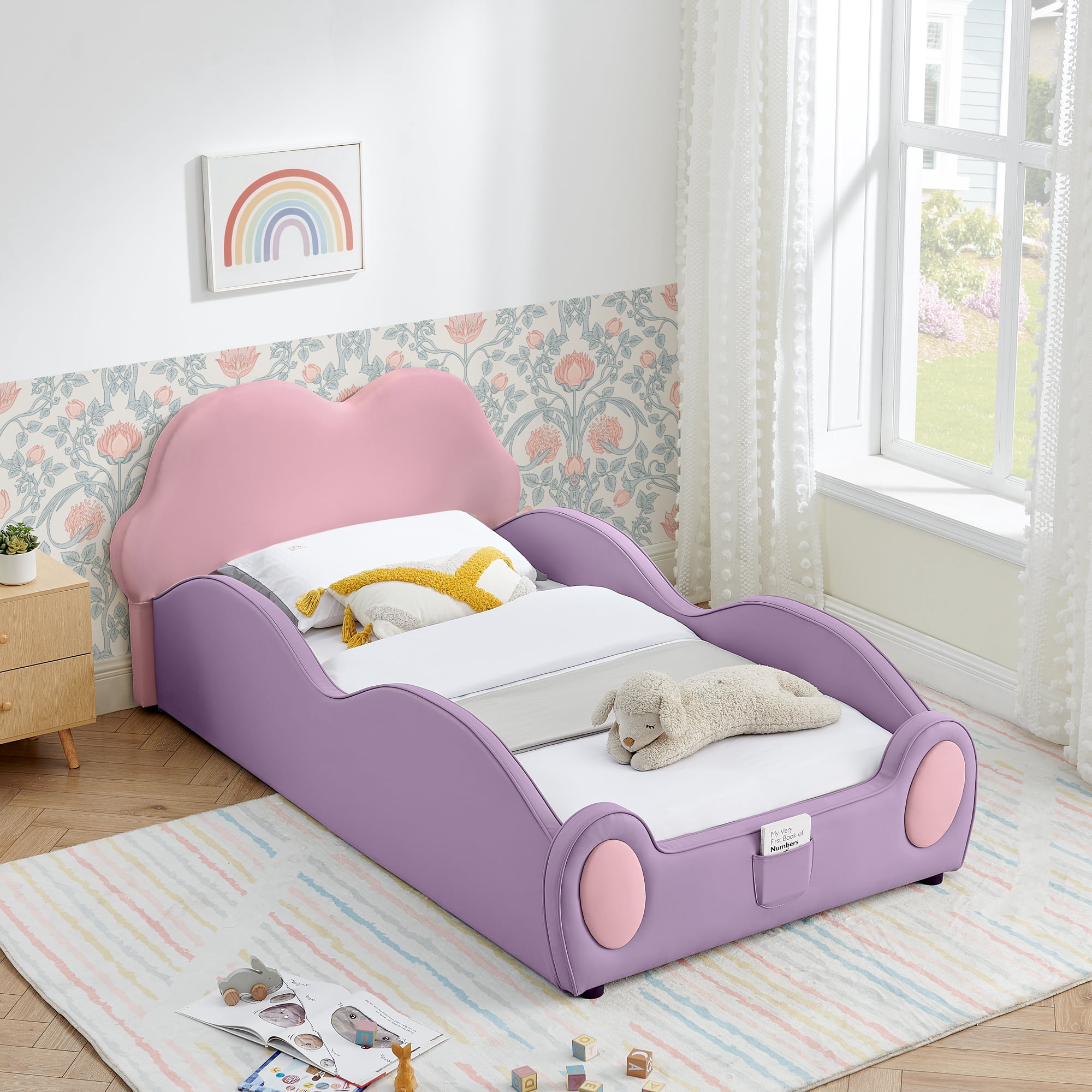 Twin Size Cute Cloud Kids Bed Frame with Guardrails, Upholstered Toddler Bed with Storage Pocket, PU Leather Platform Bed for Girls Bedroom, Purple Pink