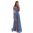 thumbnail image 1 of Vestido de fiesta GODCUN satinado con hombros descubiertos y abertura en A, azul empolvado, 1 of 7