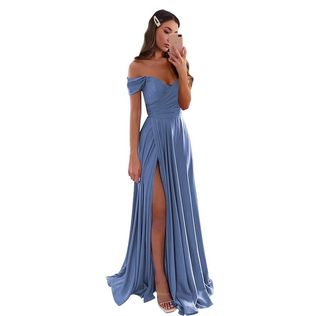 Vestido de fiesta GODCUN satinado con hombros descubiertos y abertura en A, azul empolvado