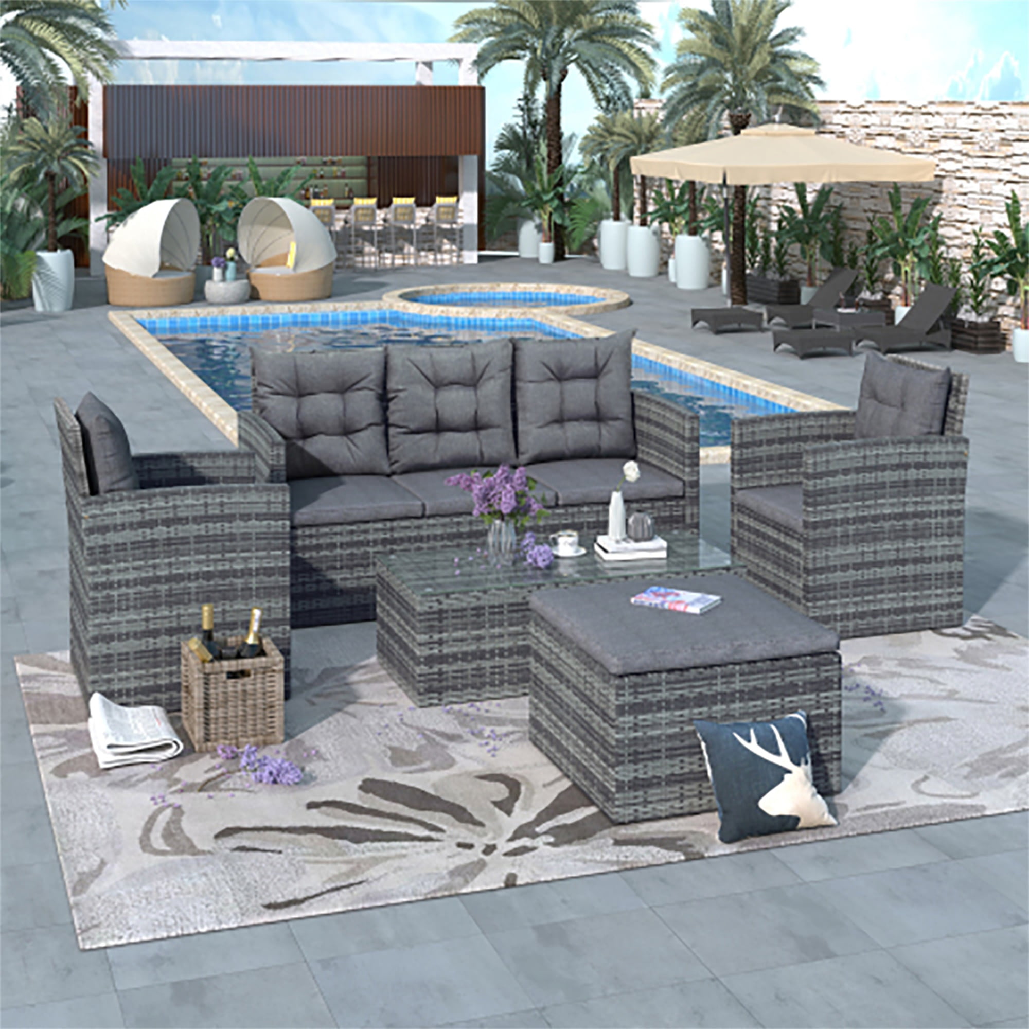 Kadyn Ottomans for Backyard Porch Poolside with Storage Bench,All-Weather Couch with Glass Table, 7 Seating Outdoor Patio Furniture Sectional Sofa Set, Gray