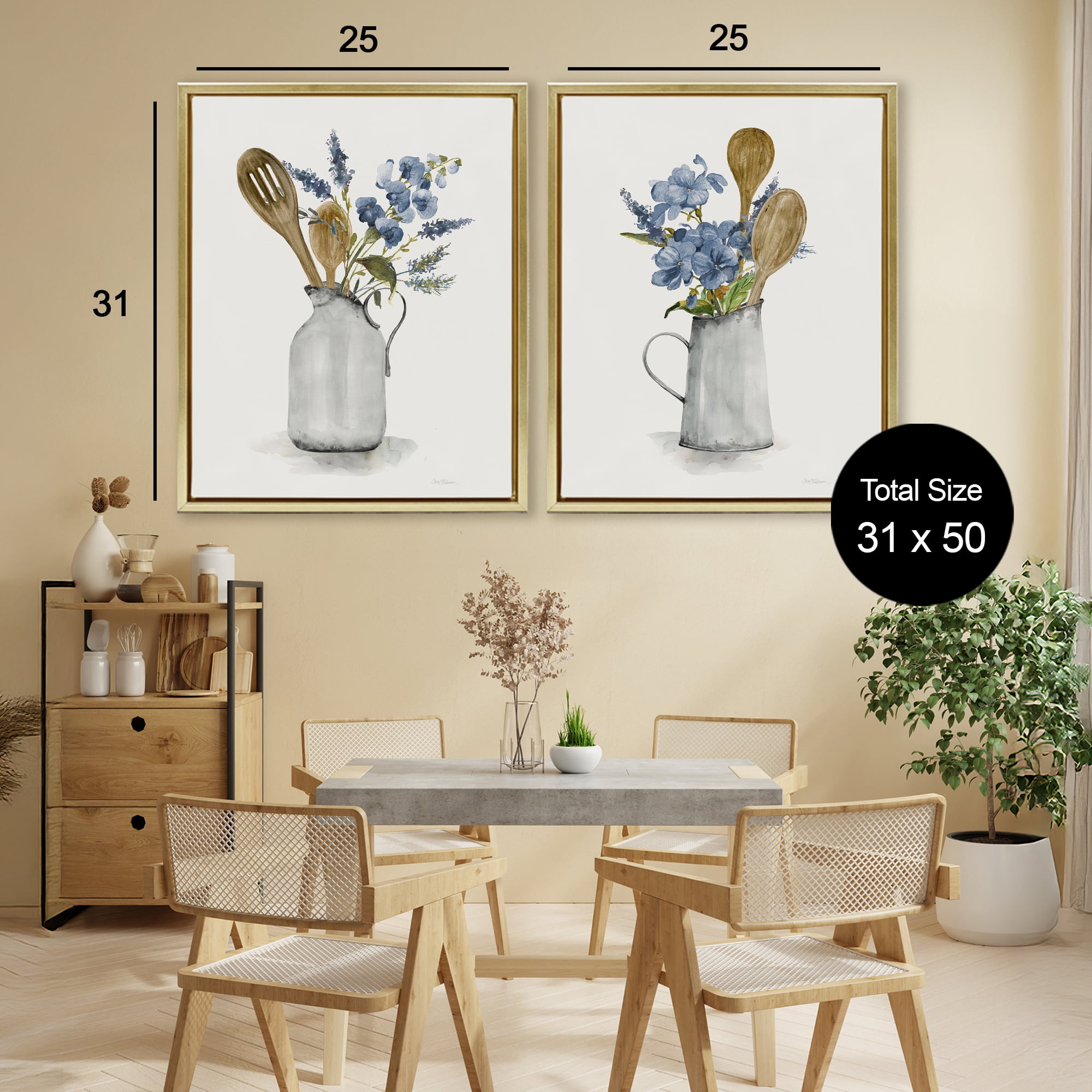 Stupell Industries Kitchen Pitcher Bouquets 2 Piece Gold Framed Floater Canvas Set, design by Carol Robinson