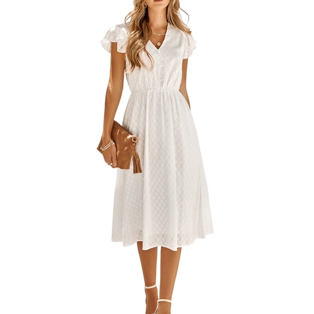 Vestido midi de playa para mujer Botones Vestido casual con volantes Vestidos de una línea (Blanco XL) Tmvgtek Para estrenar