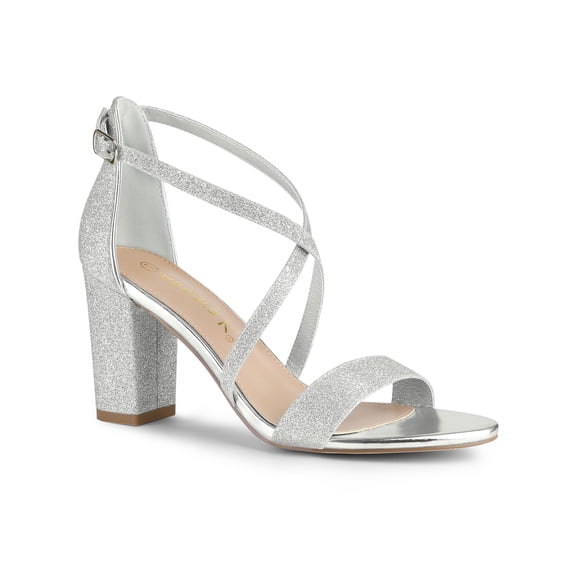 BLISSFUL STEP Women's Shoes Glitter Crisscross Strap Block Heel Sandals Silver 6