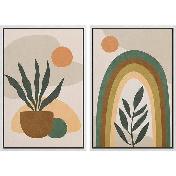 IDEA4WALL Framed Canvas Print Wall Art Set Mid-Century Modern Garden Plant Rainbow Nature Illustrations Modern Art Rustic Decorative for Living Room, Bedroom, Office - 24"x36"x2 White