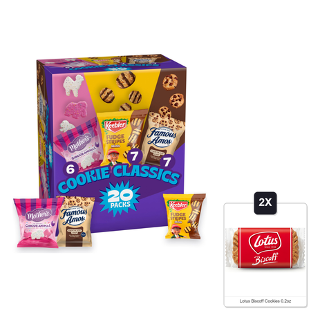 Assorted Cookie Classics Variety Pack - Mother’S Circus, Keebler Fudge Stripes & Famous Amos, 20 Pouch Box, 20 Oz & 2x Lotus Biscoff Cookies 0.2oz