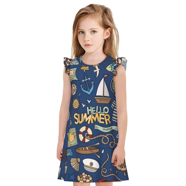 Balery Marine Nautical Camisón de princesa para niñas, pijama de algodón con mangas abullonadas, suave y bonito.-X-Large