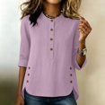 thumbnail image 6 of ClodeEU Women's Linen 3/4 Sleeve Crewneck Button Shirt with Side Slit,Solid Color Casual Summer Top Pink,Women's Plus S, 6 of 9