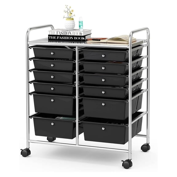 12 Drawer Rolling Storage Cart, Mobile Teacher Cart with Drawers, Classroom Drawer Organizer, Multipurpose Utility Cart on Wheels for Home Office School (Black, 12 Drawers)