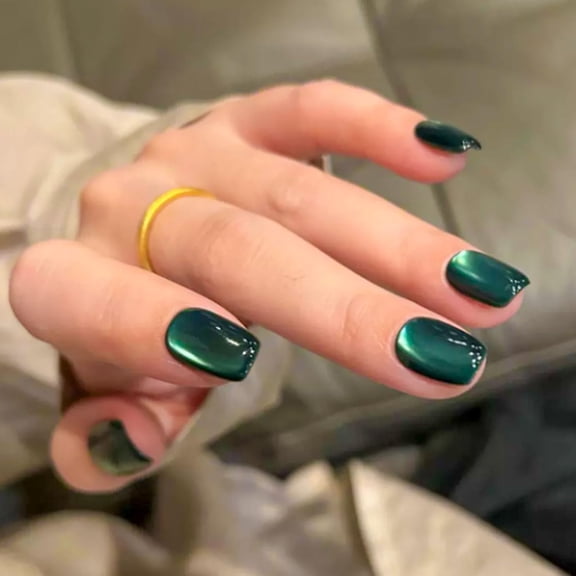 Green Cat Eye Press On Nails 24Pcs Square Short Dark Green Glitter Gel Nails Glossy Crystal Fake Nails for Women