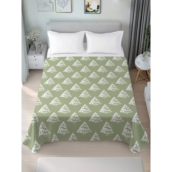 California King Flat Sheet Only Winter Pine Tree Seamless Soft Microfiber Cooling Bedding Sheets Christmas Trees on Sage Green Flat Bed Sheet for Hotel, Home Decor