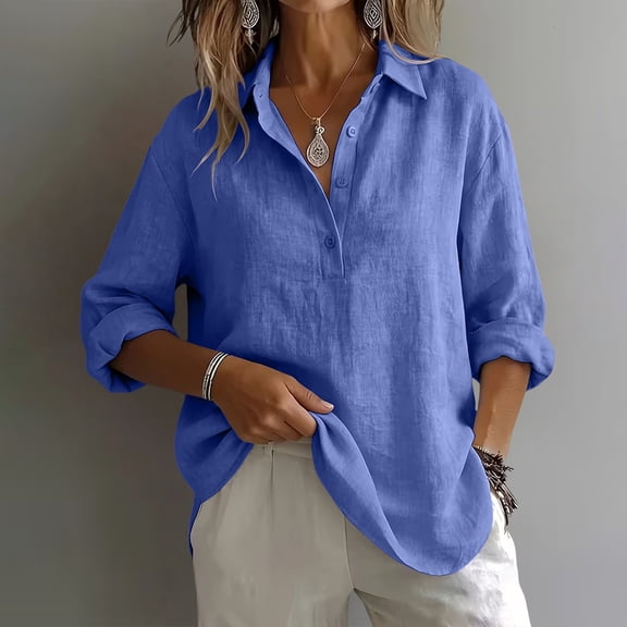 Linen Button Down Shirt Women Long Sleeve Linen Blend Tops Linen Shirts for Women Casual Ladies Gauze Tops Womens Gauze Tops Breathable Natural Flax Summer Vacation Linen Top,Blue,L