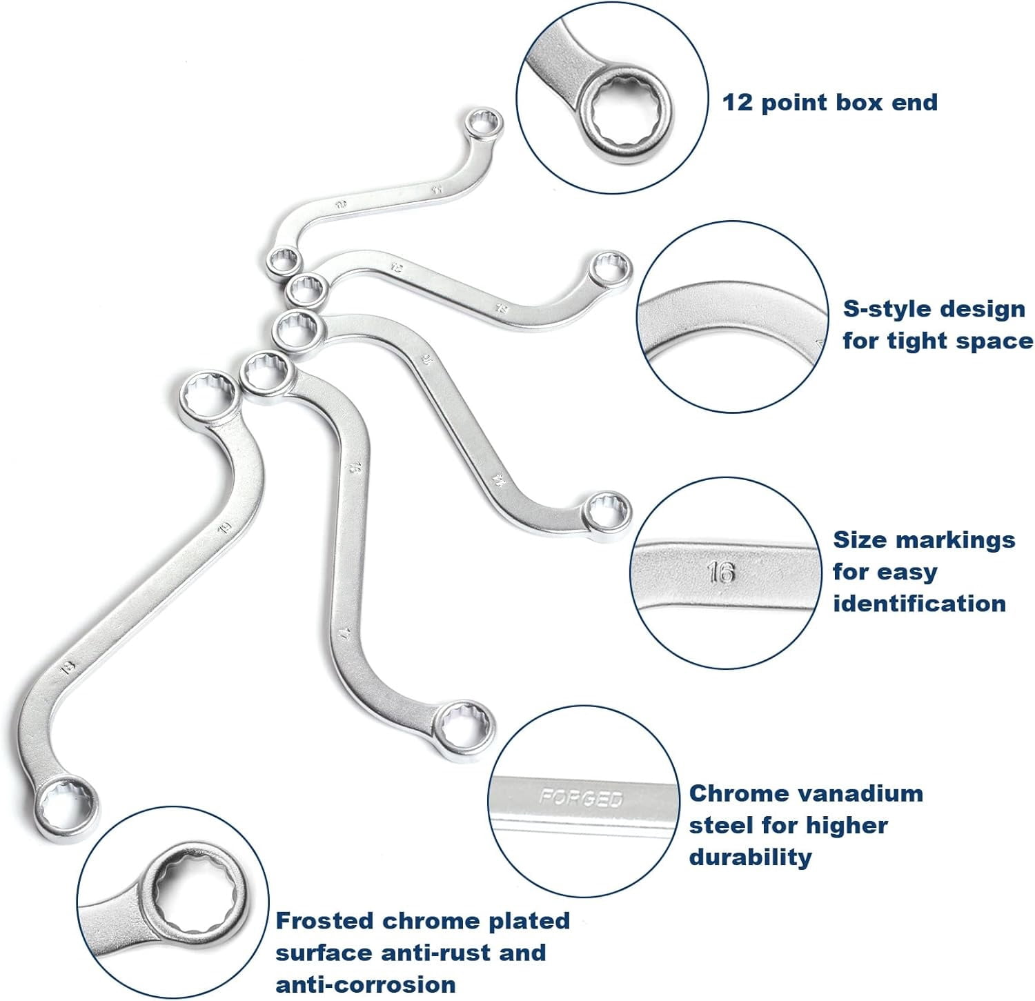 S-Type Box End Wrench Set, Metric, 5-Piece, 10x11mm to 18x19mm, CR-V Steel, with Rolling Pouch