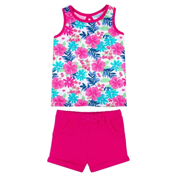 Little Star Organic Baby & Toddler Girls Keyhole Back Tank Top & Ruffle Shorts, 2pc Outfit Set (12M-5T)